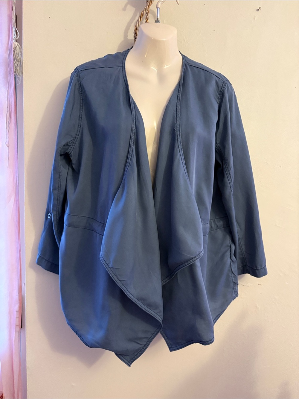 Women's Open-Front Draped Jacket in Slate Blue.  LYOCHL